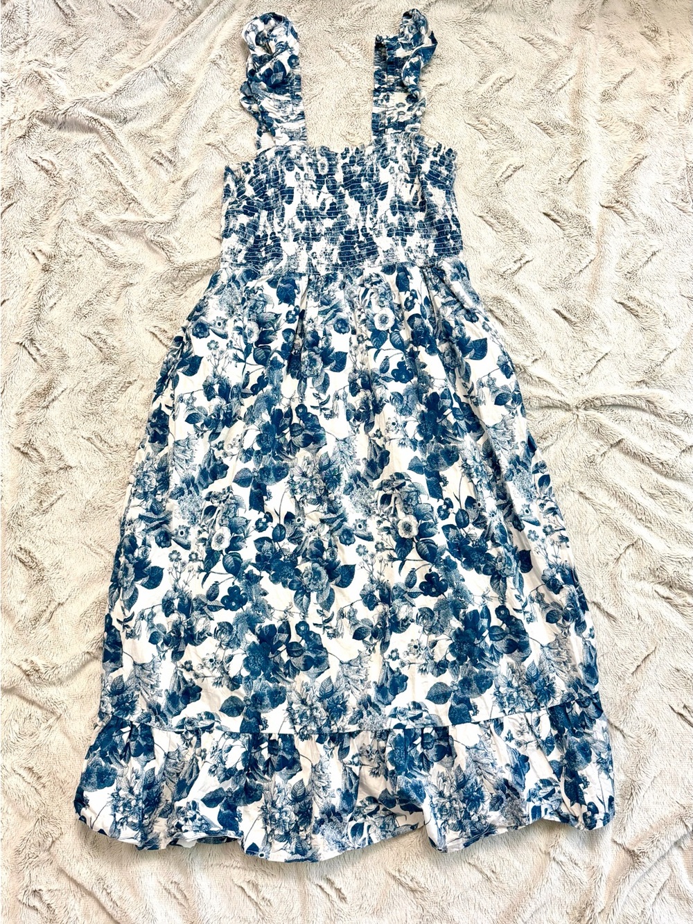 Smocked Blue Floral Maxi Dress with Ruffle Straps